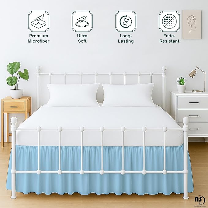 Premium Microfiber Full XL Ruffled Bed Skirt, 12” Drop with Split Corners, Soft Wrinkle Free Bedskirt with Platform, Solid Light Blue Dust Ruffle for 54" x 80" Mattress
