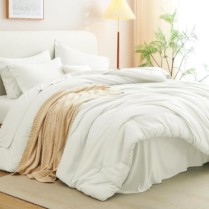 CozyLux King Size Comforter Set Ivory, 7 Pieces Bed in a Bag King Comforter Set with Sheets, Soft Bedding Set with Down Alternative Comforter, Fitted Sheets, Flat Sheets, Pillow Shams and Pillowcases