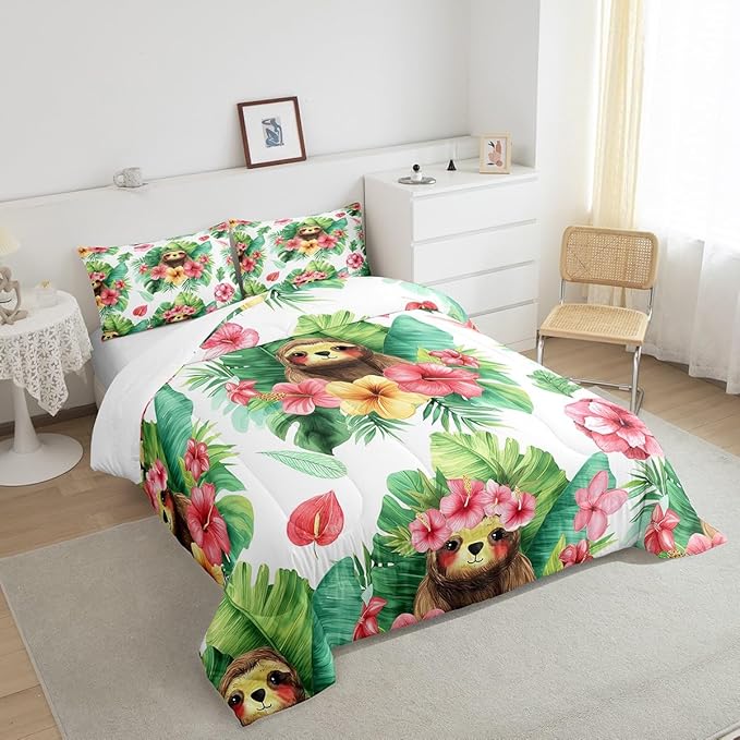 Erosebridal Cartoon Sloth Comforter Set Kawaii Sloth Bedding Palm Leaf Cherry Blossom Monstera Quilt Hawaiian Tropical Leaf Animal Duvet Insert for Kids Boys Girls, 3Pcs King Size