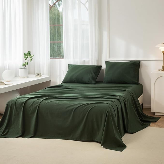 JIYUAN 100% Washed Cotton Sheet Set 3 Pieces Twin,1 Fitted Sheet,1 Flat Sheet and 1 Pillowcase, Comfy and Breathable Linen Like Bedding Set,Forest Green