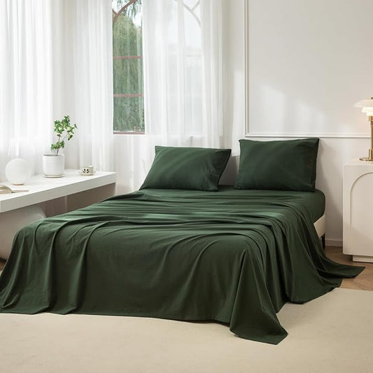 JIYUAN 100% Washed Cotton Sheet Set 4 Pieces King,1 Fitted Sheet,1 Flat Sheet and 2 Pillowcases,Comfy and Breathable Linen Like Bedding Set,Forest Green