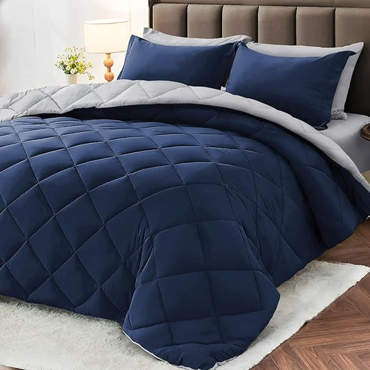 MUXHOMO 7 Pieces Oversized King Comforter Set, Reversible Bed in a Bag Oversized King Size, All Season Bedding Set with Comforter, Flat Sheet, Fitted Sheet, Pillowcases & Shams, Navy & Light Grey