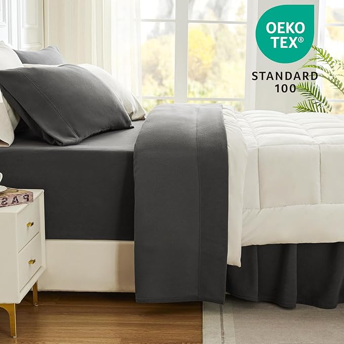 Love's cabin Fleece Twin Sheet Set - 3 Pcs Dark Grey Super Soft Plush Polar Fleece Bed Sheets Set with 16" Deep Pocket,Cozy Warmth for Cold Season(1 Flat Sheet,1 Fitted Sheet,1 Pillow Case)