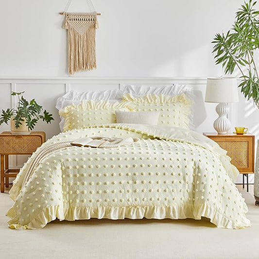 Tufted Dots Ruffle Comforter Set Full/Queen Size, 3 Pieces Yellow Vintage Farmhouse Shabby Chic Comforters, Jacquard Boho Bohemian Bedding Set for All Season (1 Ruffled Comforter+ 2 Pillow Shams)