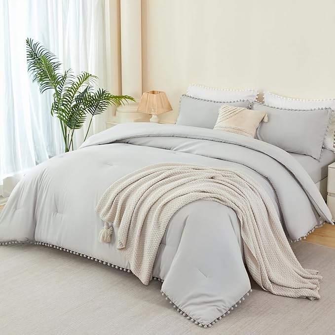 PERFEMET Light Grey Bedding 5 Pcs Full Size Bed in a Bag Set Pom Pom Fringe Boho Comforter with Sheets Ultra Soft Fluffy Down Alternative Solid Bedding Set for Boys Girls(Light Grey, Full)