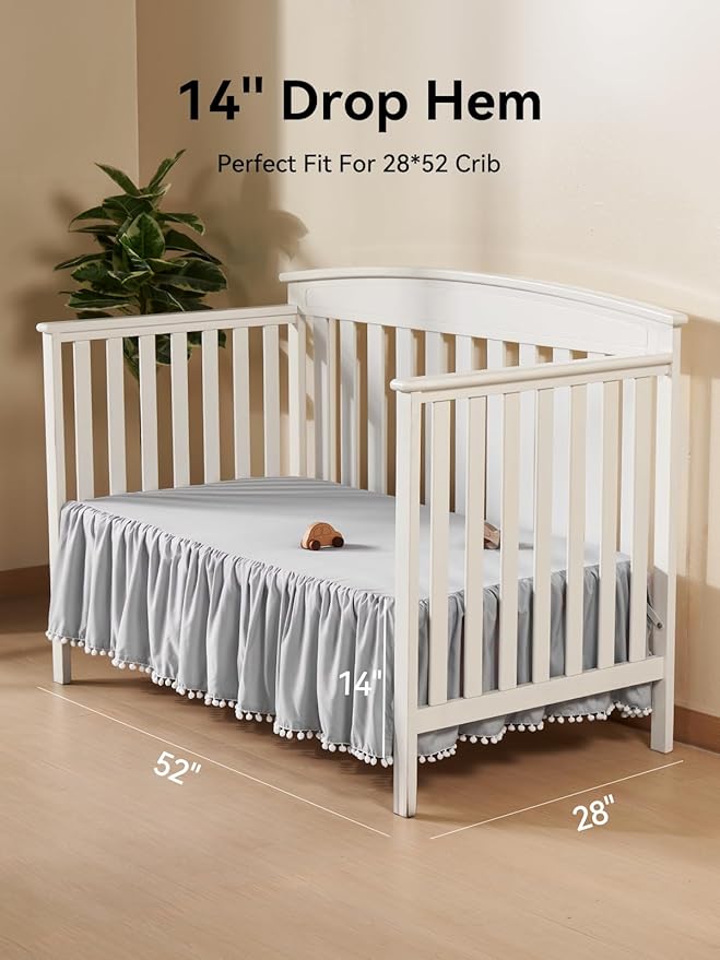TILLYOU Baby Crib Skirt Girls Boys, Ruffled Bed Skirt with Pompoms, 28”x 52”, 14'' Drop, Gray