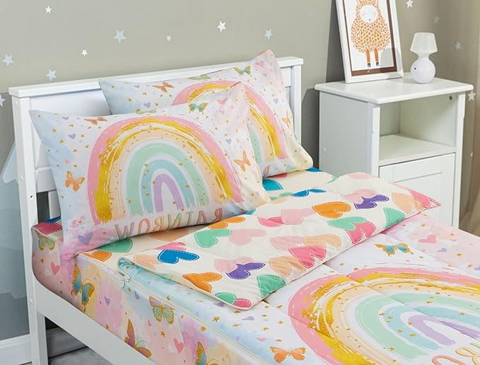 Meeting Story 3pcs Kids Comforter Set Zipper Bedding Set for Girls,Twin Kid Bedding Rainbow Comforter Butterfly Bedding Set for Kid（Yellow,Twin）