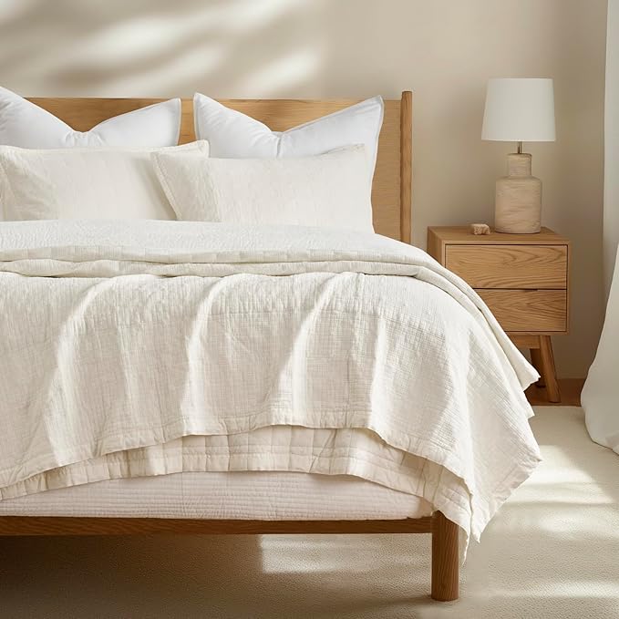 EVERGRACEHOME Stonewashed Cotton Quilt Set Full Queen Size, Ultra Soft Oversized Bedspread Coverlet Set, Lightweight Crinkle Box Stitch Bedding Sets for All Season, with 2 Shams, Ivory White