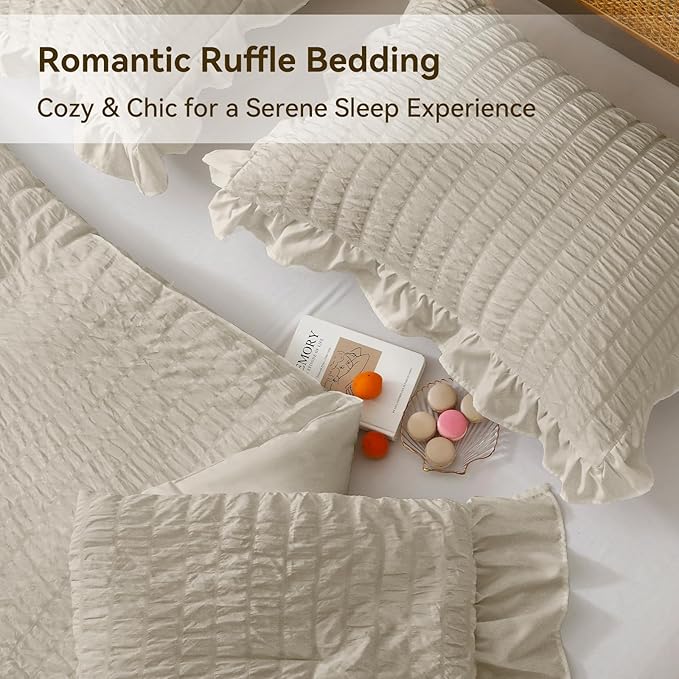 JOLLYVOGUE Twin Size Comforter Set, 2 Pieces Oatmeal Seersucker Lightweight Fluffy Bedding Set, Twin Ruffle Comforter, All Season Soft Microfiber Shabby Chic Bed Set