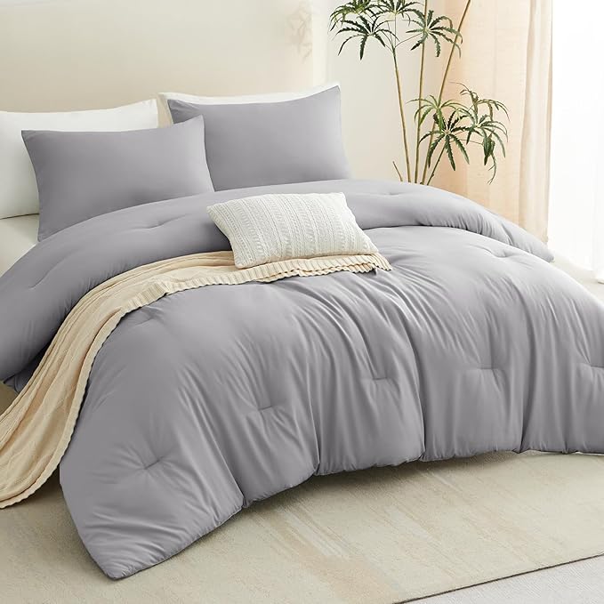 CozyLux King Size Comforter Set Grey, 3 Pieces Solid Gray Comforters King Size Breathable Quilted Bedding Set, Luxury Soft Bed Sets with Down Alternative Comforter (1 Comforter & 2 Pillowcases)