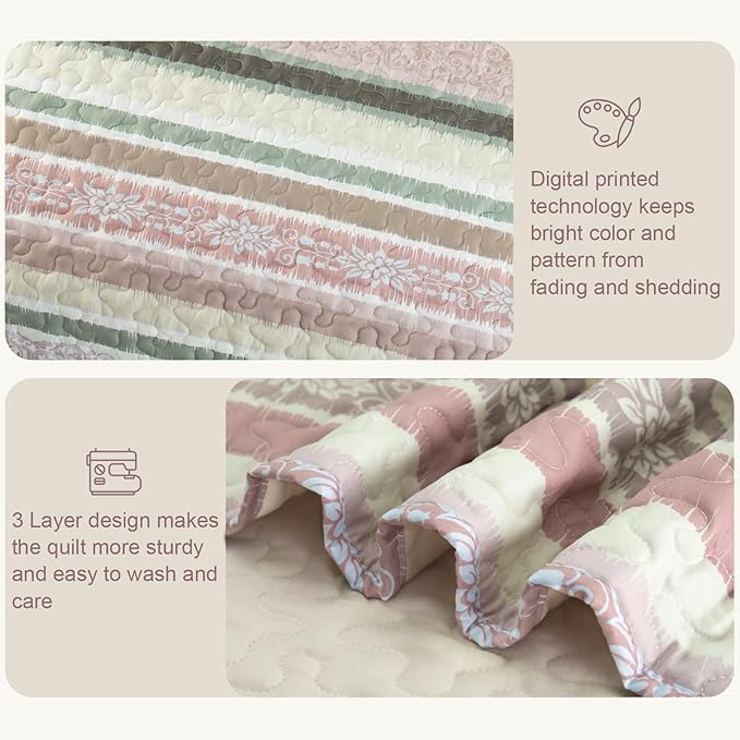 Exclusivo Mezcla Reversible Boho Quilts Queen Size, Pink Bedspreads Lightweight Coverlet All Season Bohemian Quilt Bedding Set with Printed Striped Floral Pattern (1 Quilt, 2 Pillow Shams)