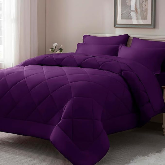 ELNIDO QUEEN® Full Comforter Set Purple- 7 Pieces Bed in a Bag Full Size, Bed Set for All Seasons, Ultra Soft Bedding Sets with Comforter, Flat Sheet, Fitted Sheet, Pillowcases and Pillow Shams
