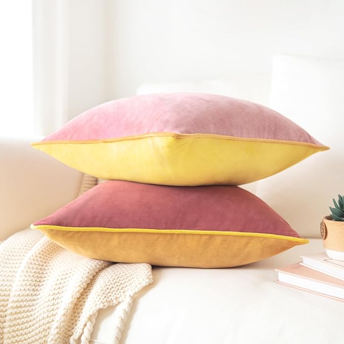 MONDAY MOOSE Decorative Throw Pillow Covers Cushion Cases, Set of 2 Soft Velvet Modern Double-Sided Designs, Mix and Match for Home Decor, Pillow Inserts Not Included (20x20 inch, Yellow/Pink)
