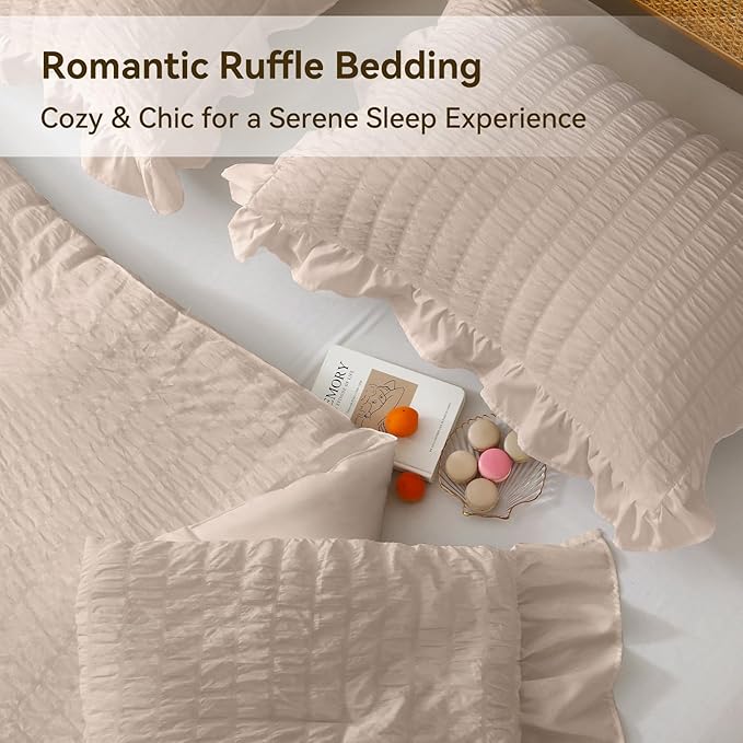 JOLLYVOGUE Beige Twin Size Comforter Set, 2 Pieces Seersucker Lightweight Fluffy Bedding Set, Twin Ruffle Comforter, All Season Soft Microfiber Shabby Chic Bed Set