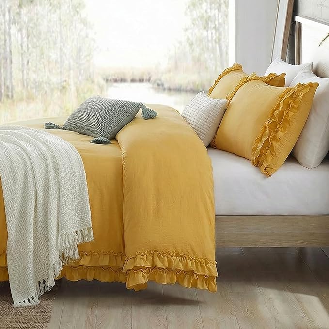 Bedorm Ginger Yellow Bedding Set King Ruffle Duvet Cover Super Soft Cozy Washed Microfiber Bedding Shabby Chic Coquette Decor Farmhouse Boho Duvet Cover Set