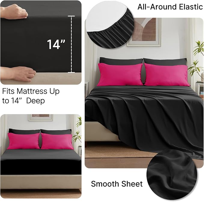 Anluoer Twin Comforter Set,Hot Pink&Black Bed in a Bag 5 Piece,Lightweight Bedding Set with Soft Down Alternative Fill,Bed Set Includes Comforter, Fitted Sheet, Flat Sheet,Pillowcase and Sham