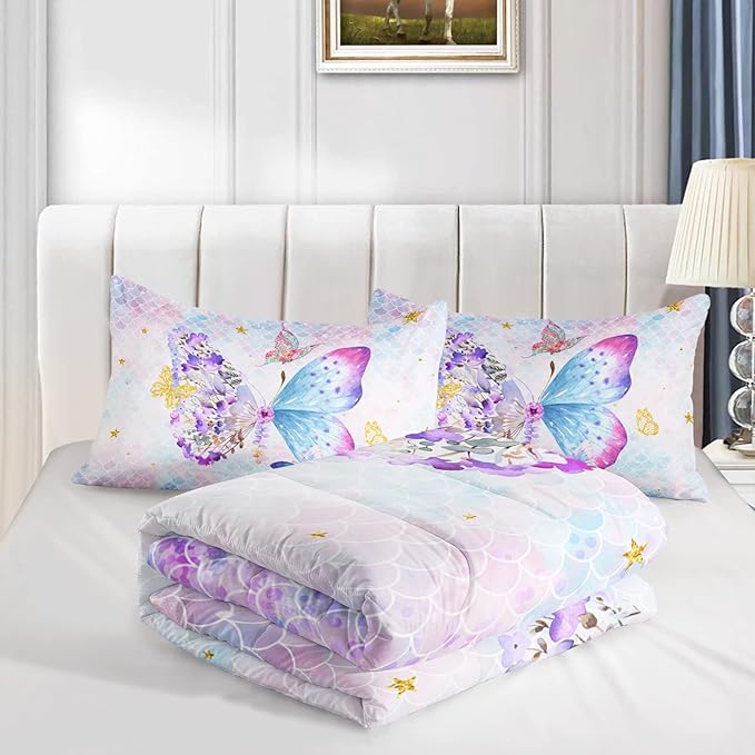 Axolotl Butterfly Bedding Full,Rainbow Butterfly Comforter Set for Girls Teens,Butterfly Bedding for Girls with Golden Star Scales Pattern,Butterfly Printed Quilt Set with 1 Comforter 2 Pillowcases