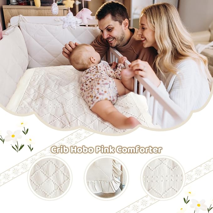 Wowelife Crib Bedding Set for Girls, 3 Pieces Baby Crib Bedding Set Newborn, Mini Tufted Jacquard Ruffle Fringe Boho, Infant & Nursery with Comforter, Crib Fitted Sheet and Crib Skirt, Beige