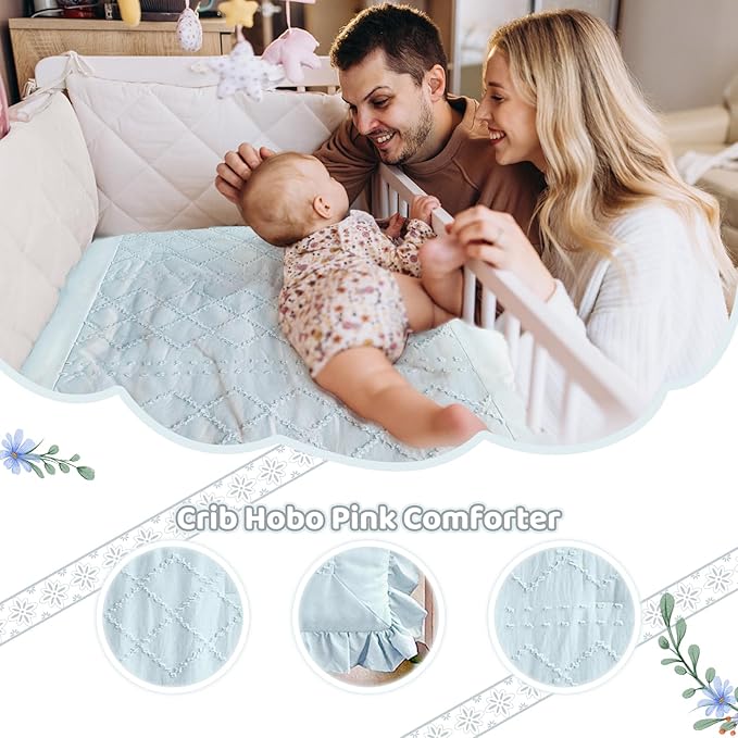 Wowelife Baby Crib Bedding Set for Girls, 3 Piece Boho Crib Comforter Set Ruffle, Baby Boy Crib Bedding Set Nursery Blanket Set Neutral Include Quilted Comforter, Crib Skirt and Sheet, Blue