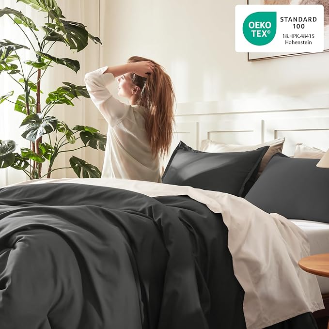 Litanika Dark Grey Oversized King Comforters Super King Plus Size, 3 Pieces Lightweight Solid Bedding Comforter Set, All Season Fluffy Bed Set (128x120In Comforter & 2 Pillowcases)