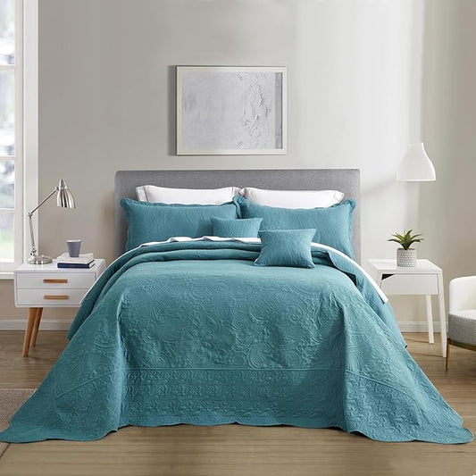 Oversized King Bedspread 128x120 Extra Wide, Ultrasonic Lightweight Bedding Cover, Paisley Pattern, Reversible, 5 Piece, 100% Microfiber, Lagoon
