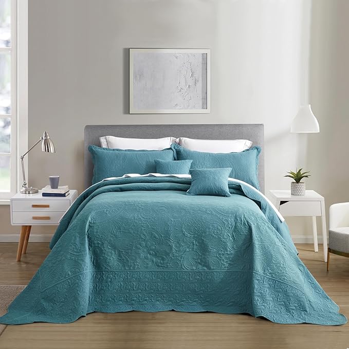 Oversized King Bedspread, Ultrasonic Lightweight Bedding Cover, Paisley Pattern, Reversible, 5 Piece, 100% Microfiber, Lagoon