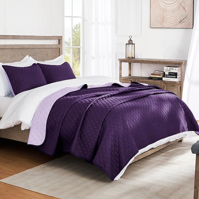 Exclusivo Mezcla Reversible Full Queen Quilt Bedding Set with Pillow Shams, Lightweight Quilts Queen Size, Soft Bedspreads Bed Coverlets for All Seasons - (Deep Purple, 90"x96")