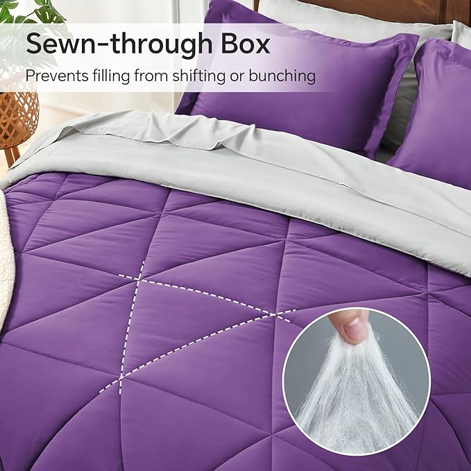BEDELITE King Size Comforter Set 7 Pieces Bed in A Bag - Soft Microfiber Reversible Purple Bed Set with Comforters, Sheets, Pillowcases & Shams, Cozy Luxury Bedding Sets for All Season