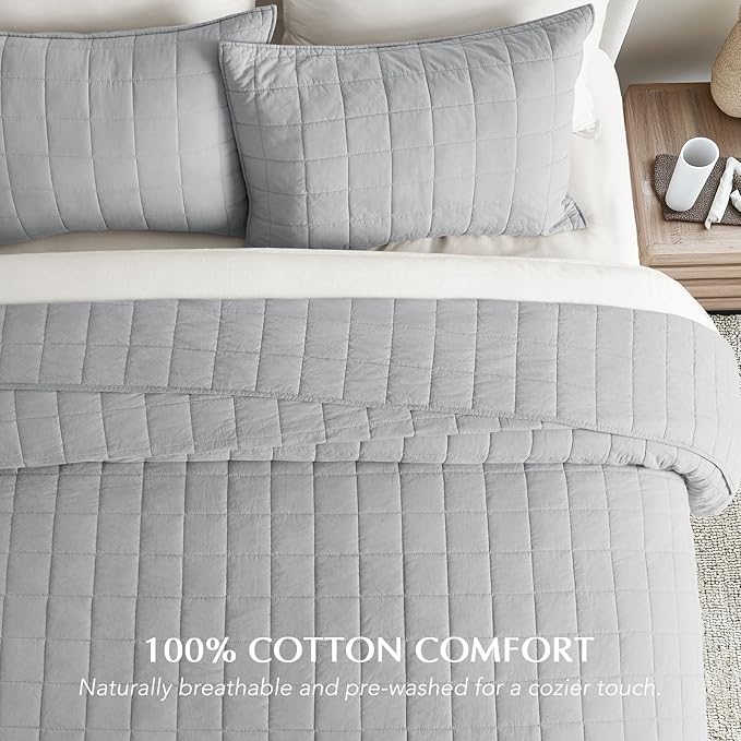 EVERGRACEHOME 100% Cotton Box Stitch Quilt Bedding Set King Size 3 Pieces, Garment-Washed Lightweight Soft Cozy Coverlet, Oversized Quilted Bedspread Sets with 2 Shams for All Season, Fog Gray