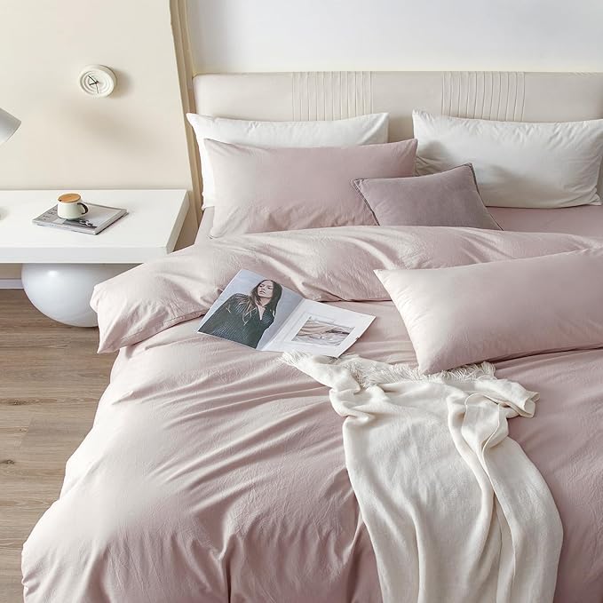 JIYUAN 100% Washed Cotton Duvet Cover Set 3 Pieces Full, 1 Duvet Cover 80x90 Inches (Comforter Not Included) and 2 Pillowcases,Linen Feel Bedding Set Comfy and Breathable, Heathered Greyish Pink