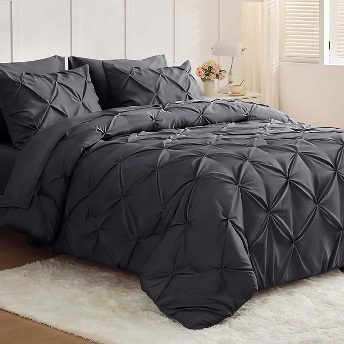 JOLLYVOGUE King Size Comforter Set 7 Pieces - Bed in a Bag King for All Season, Pintuck Bedding Comforter Sets with Comforter, Flat Sheet, Fitted Sheet and Pillowcases & Shams, Dark Grey
