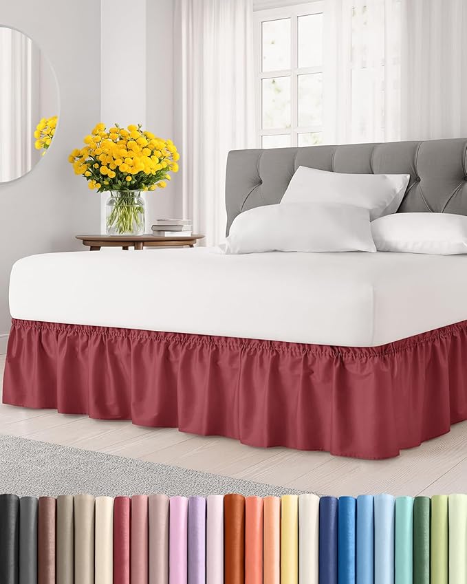 Wrap Around Dust Ruffle Bed Skirt - Burgundy - for King Size Beds with 24 Inch Drop - Easy Fit Elastic Strap - Adjustable Pleated Bedskirt w/Brushed Fabric Wrinkle Free - for Women, Men, Kids & Teens