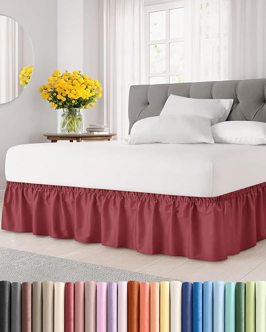 Wrap Around Dust Ruffle Bed Skirt - Burgundy - for Queen Size Beds with 21 Inch Drop - Elastic Strap - Adjustable Pleated Bedskirt with Brushed Fabric and Wrinkle Free - for Women, Men, Kids & Teens