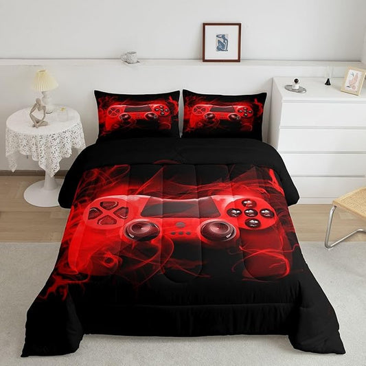 Feelyou Kids Gaming Comforter Set Twin Size Gamer Bedding Set for Boys Teens Gamer Bedroom Decor Youth Video Game Comforter Red Black with 1 Pillow Case