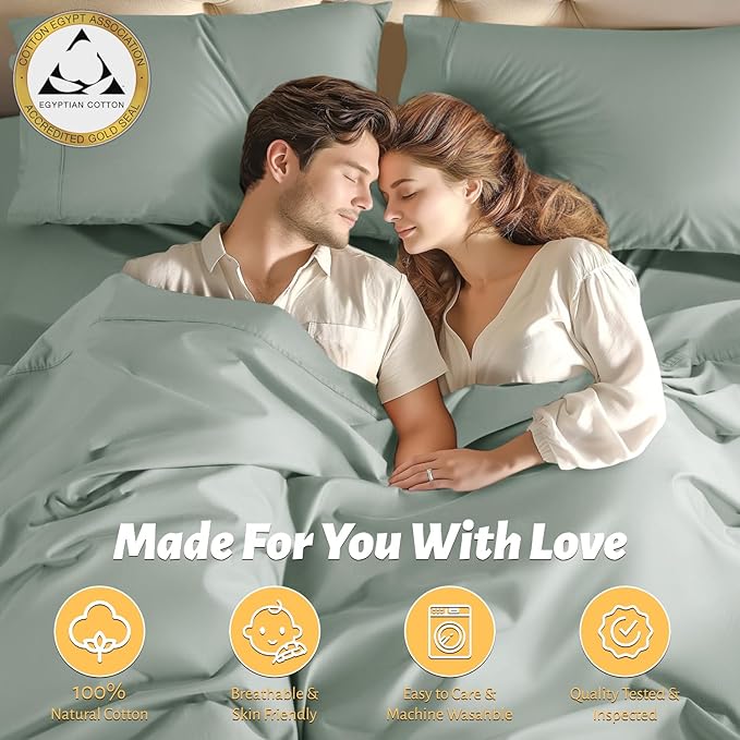 Shilucheng 100% Egyptian Cotton Queen Size Sheets Set - 1000 Thread Count，Luxury Cotton Bed Sheets，Breathable & Cooling Bedding and Pillow Cases, 16 Inch Deep Pocket - 4 Piece (Sea Glass, Queen)