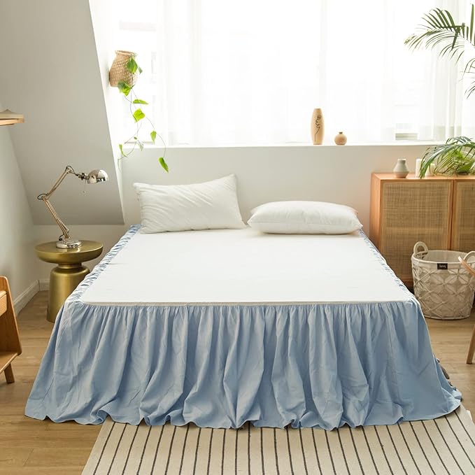 BISELINA French Linen Bed Skirt with Pleated Frills 14-Inch Tailored Drop Natural Flax Cotton Blend Dust Ruffle Soft Cozy Farmhouse Bedding (14" Twin, Dusty Blue)