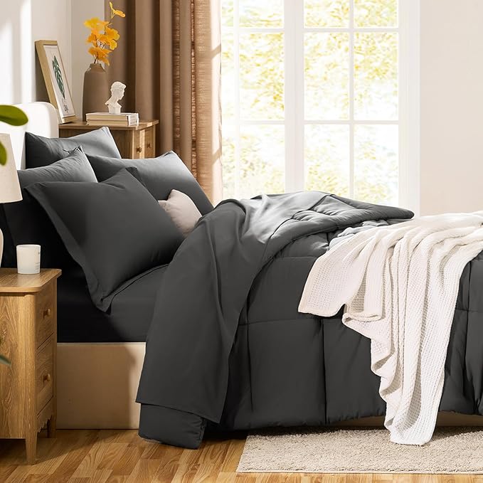 CozyLux Full Size Comforter Sets Dark Grey - 7 Pieces Bed in a Bag Full, Oeko-Tex Certified Bed Set, All Season Soft Bedding Set with Down Alternative Comforter, Sheets, Pillowcases & Pillow Shams