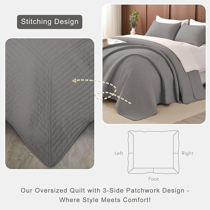 Lady Ann Gray Oversized King Bedspread 120x120, 3Pcs Extra Large Farmhouse Lightweight King Quilt Bedding Set Soft Quilted Bedspreads Thin Comforter for All Season