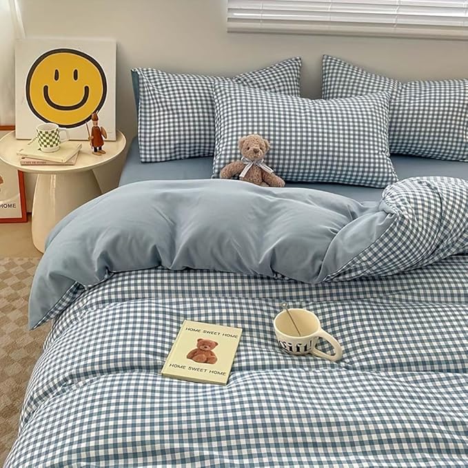 Nayoroom Blue Gingham Duvet Cover Queen Size Plaid Checkered Comforter Cover 3 Pieces Soft Lightweight Washed Microfiber Farmhouse Grid Dorm Bedding Set with Pillowcases