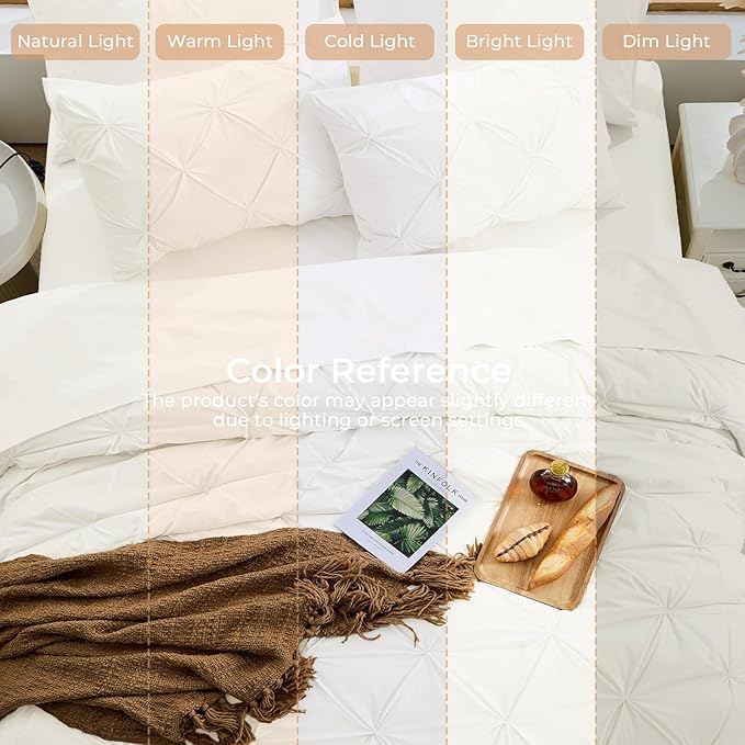 Sasttie King Size Comforter Set, 7-Piece Bed in a Bag, Pintuck Bedding Set for All Season, Includes Comforter, Flat Sheet, Fitted Sheet, Pillowcases and Pillowshams, Ivory
