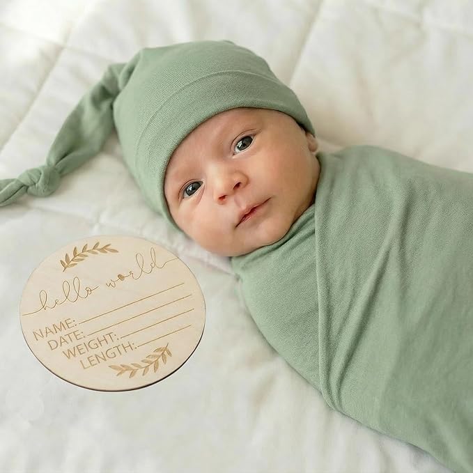 Large Jersey Knitted Swaddle Blanket for Baby, Soft Stretchy Receiving Blanket for Newborns with Hat, Baby Nursery Swaddle 47 x 47 inches(Sage)