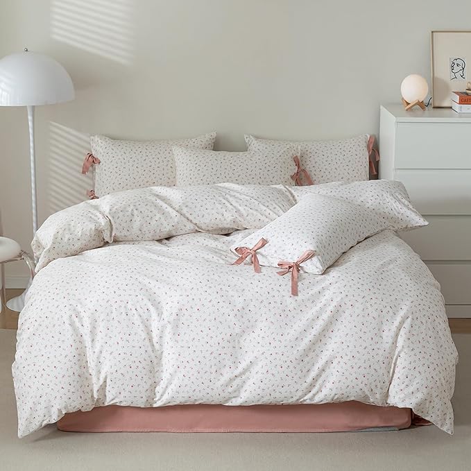 HighBuy Girl Duvet Cover Twin XL Botanical Flower Coquette Bedding Set Vintage Style Garden Floral Duvet Cover Twin XL with 2 Bowknot Bow Tie Pillowcases Soft Cotton Comforter Cover Set