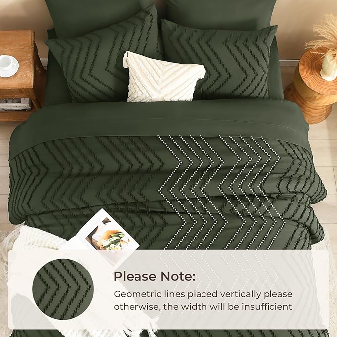 Litanika Oversized Queen Size Comforter Set with Sheets Olive Green - 7 Pieces Bed in a Bag Oversized King Boho Tufted Complete Bedding Sets with Comforter, Sheets, Pillowcases & Shams