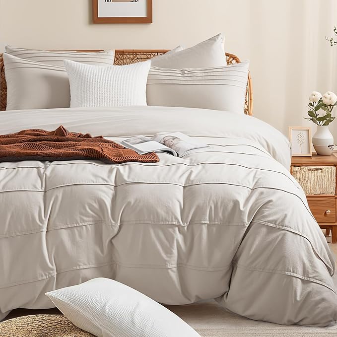 NEXHOME PRO 100% Organic Cotton Duvet Cover King Size, Linen Like Pleated Textured Tannish Linen Grey Duvet Cover Set, 3pc Bedding Set with Zipper Closure, Soft,Breathable,104"x90", No Comforter