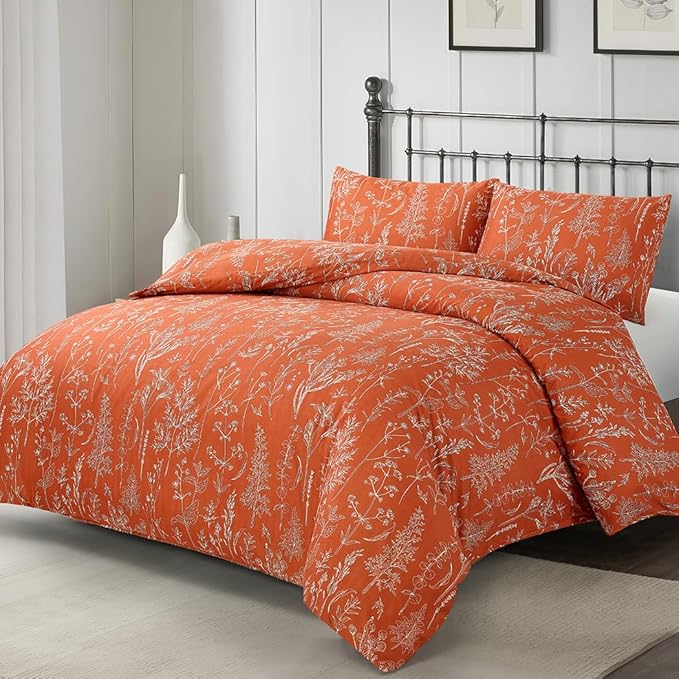 Lekesky Floral Duvet Cover King Size, Burnt Orange Duvet Cover King Plant Flowers Pattern Bedding Set for All Season, Soft Breathable Duvet Cover with Zipper Closure & Corner Ties