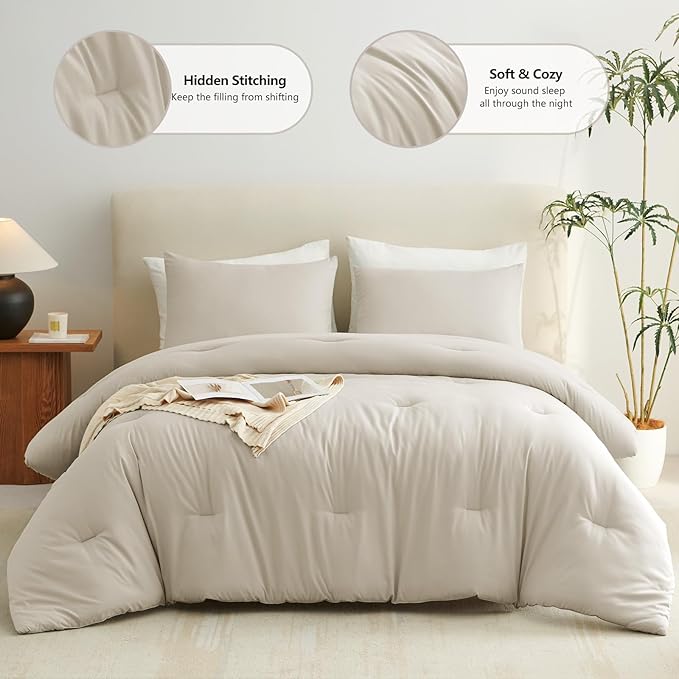 CozyLux Oatmeal Queen Comforter Set, 3 Pieces Solid Breathable Quilted Style Bedding Sets, Luxury Soft Fluffy Bed Set with Down Alternative Comforter for All Season (1 Comforter & 2 Pillowcases)
