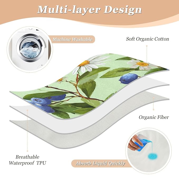 Waterproof Bed Pad Reusable Changing Pad Toddler Mattress Protector Large Pee Pad Baby Diaper Pad Soft Washable Liner Green Blueberries and Daisies