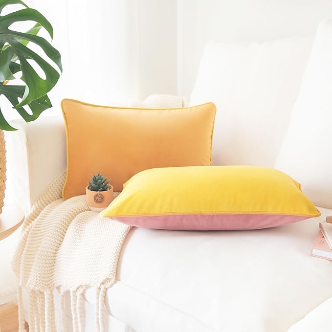 MONDAY MOOSE Decorative Throw Pillow Covers Cushion Cases, Set of 2 Soft Velvet Modern Double-Sided Designs, Mix and Match for Home Decor, Pillow Inserts Not Included (12x20 inch, Yellow/Pink)