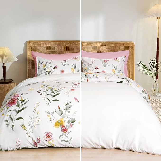 PHF Ultra Soft Floral Duvet Cover Queen Size, Printed Bedding Set 3 Pieces, Comfy Durable Farmhouse Duvet Cover Set with 2 Pillow Shams, Zipper Closure and 8 Ties, 90"x90", White & Yellow