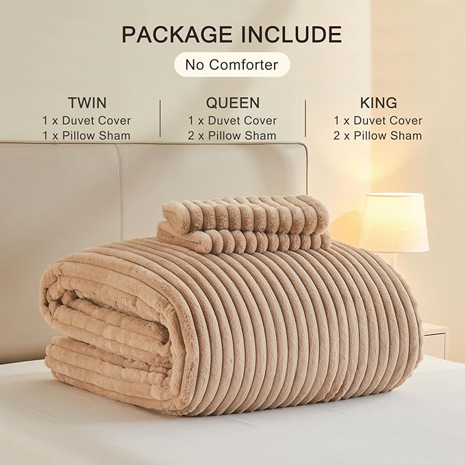 EMME Faux Fur Duvet Cover Queen Size, 3 Pieces Ultra Soft Fluffy Comforter Cover, Cozy Warm for Winter, Luxury Elegant Shaggy Striped Design Bedding, 1 Duvet Cover & 2 Pillow Shams (Queen, Taupe)